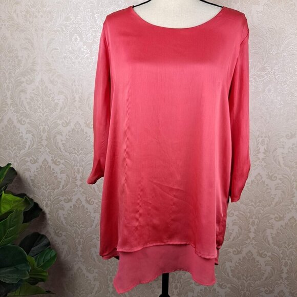 Chico's Size 2 (US Med) Coral Double Layered Tunic 3/4 Roll Tab Sleeves Rd Neck - Picture 1 of 11